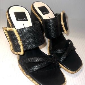 Dolce Vita Womens Black Woven Slide Heels Square Toe Gold Buckle Platform